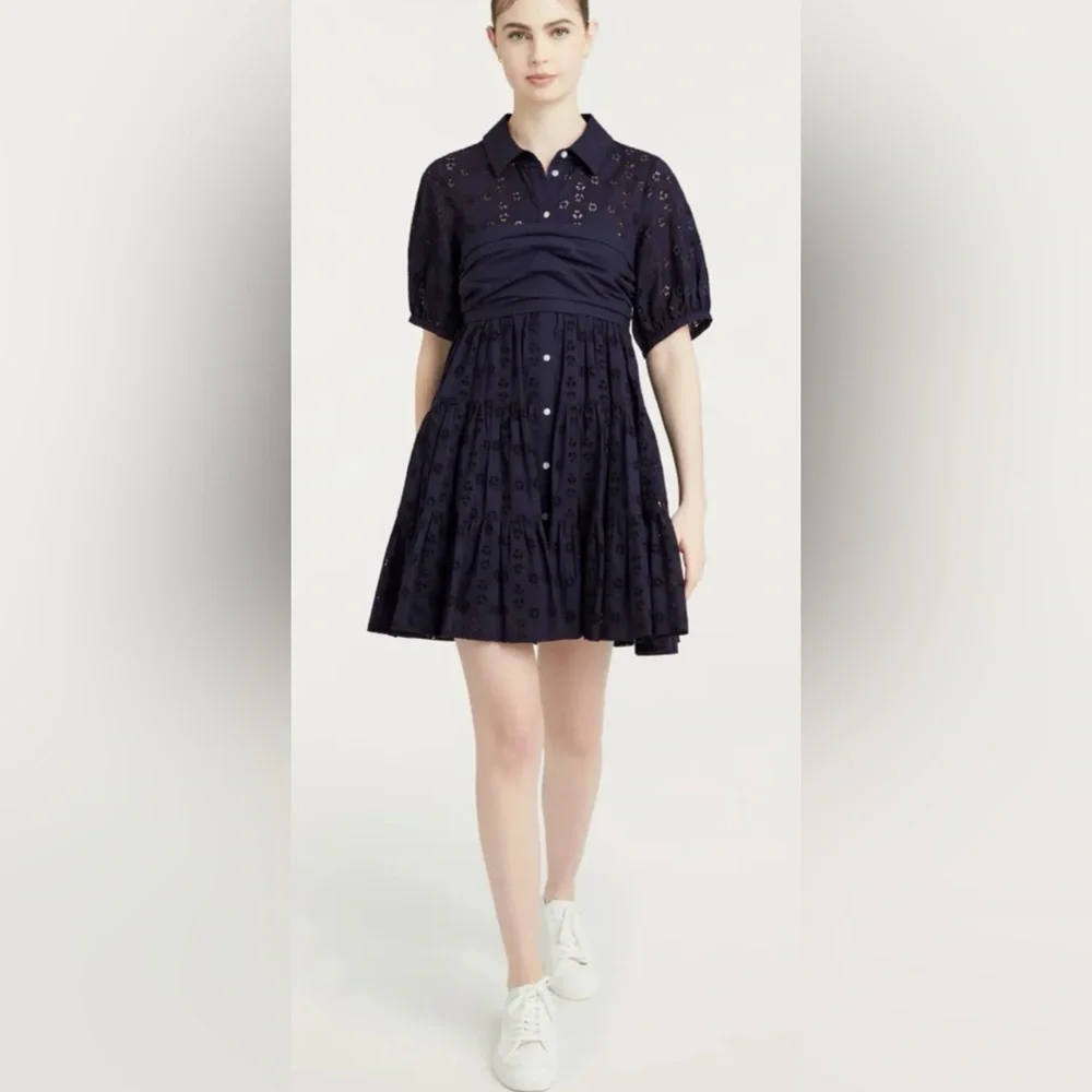 Cinq a Sept NWT‎ Alexie Dress 100% Cotton Navy Eyelet Lace Tie Mini Dress Size 8
